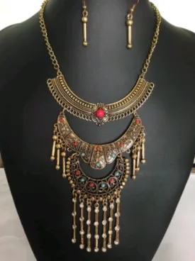 Vintage Turquoise Diamond Female Necklace Earrings Set National Diamonds Fashion Jewelry