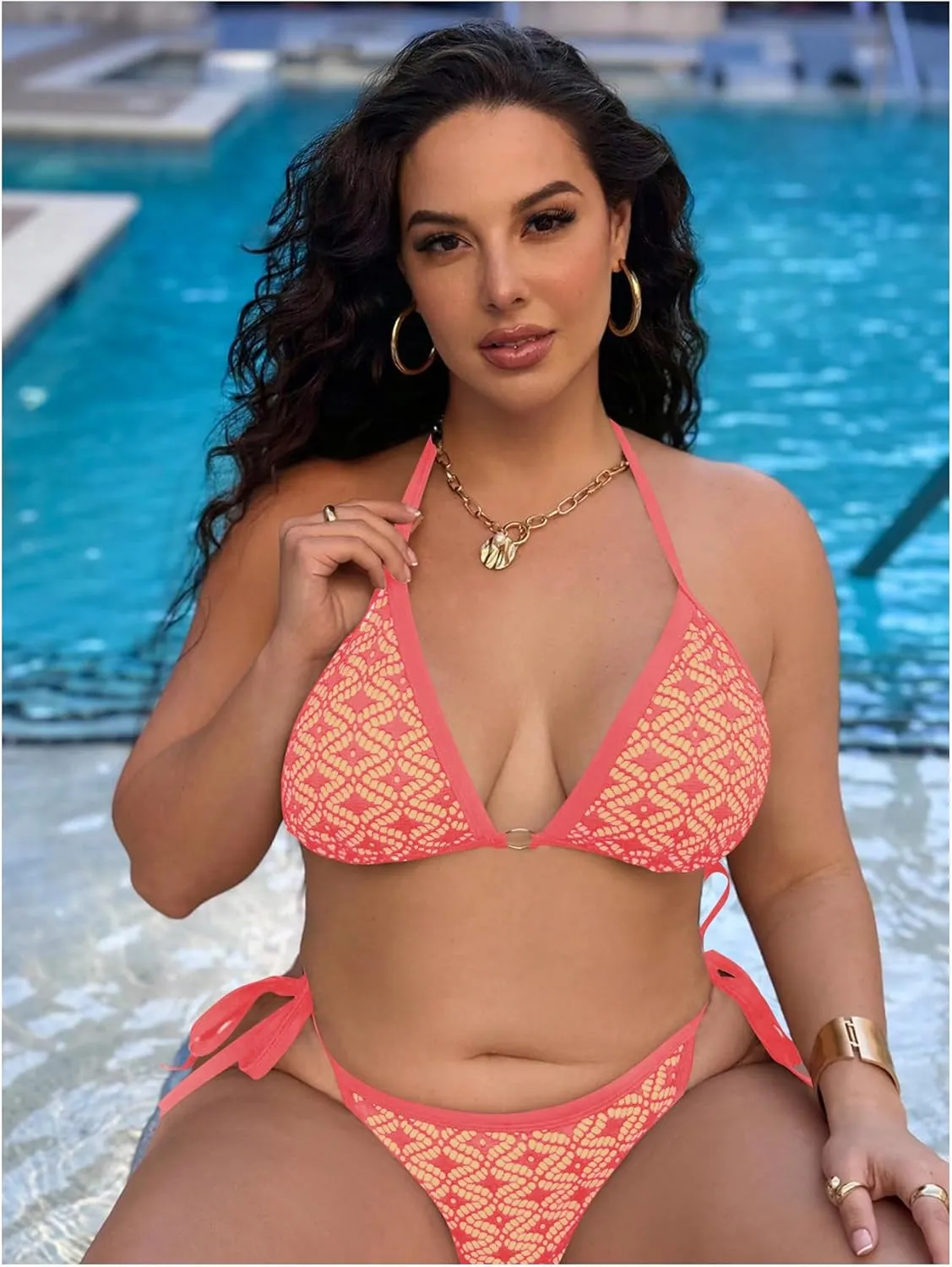Women Plus Size Thong Bikini Sets String Two Piece Halter Swimsuits with Tie Side Bottom