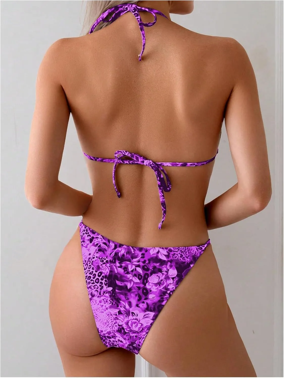 Women's 2 Piece Leopard Floral Bikini Sets Ring Triangle Halter Bathing Suit Tie Back Swimsuit