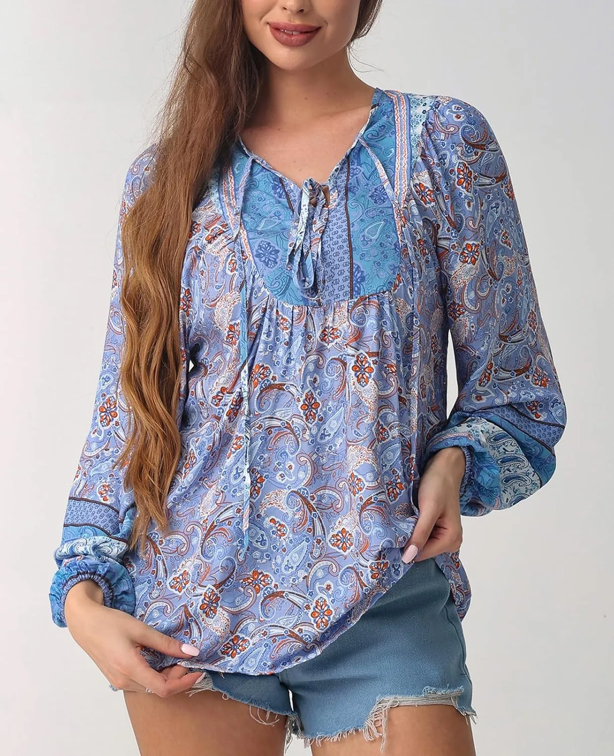 Women's Casual Floral Print V Neck Top Loose Boho Long Sleeve Beach Shirts Blouses