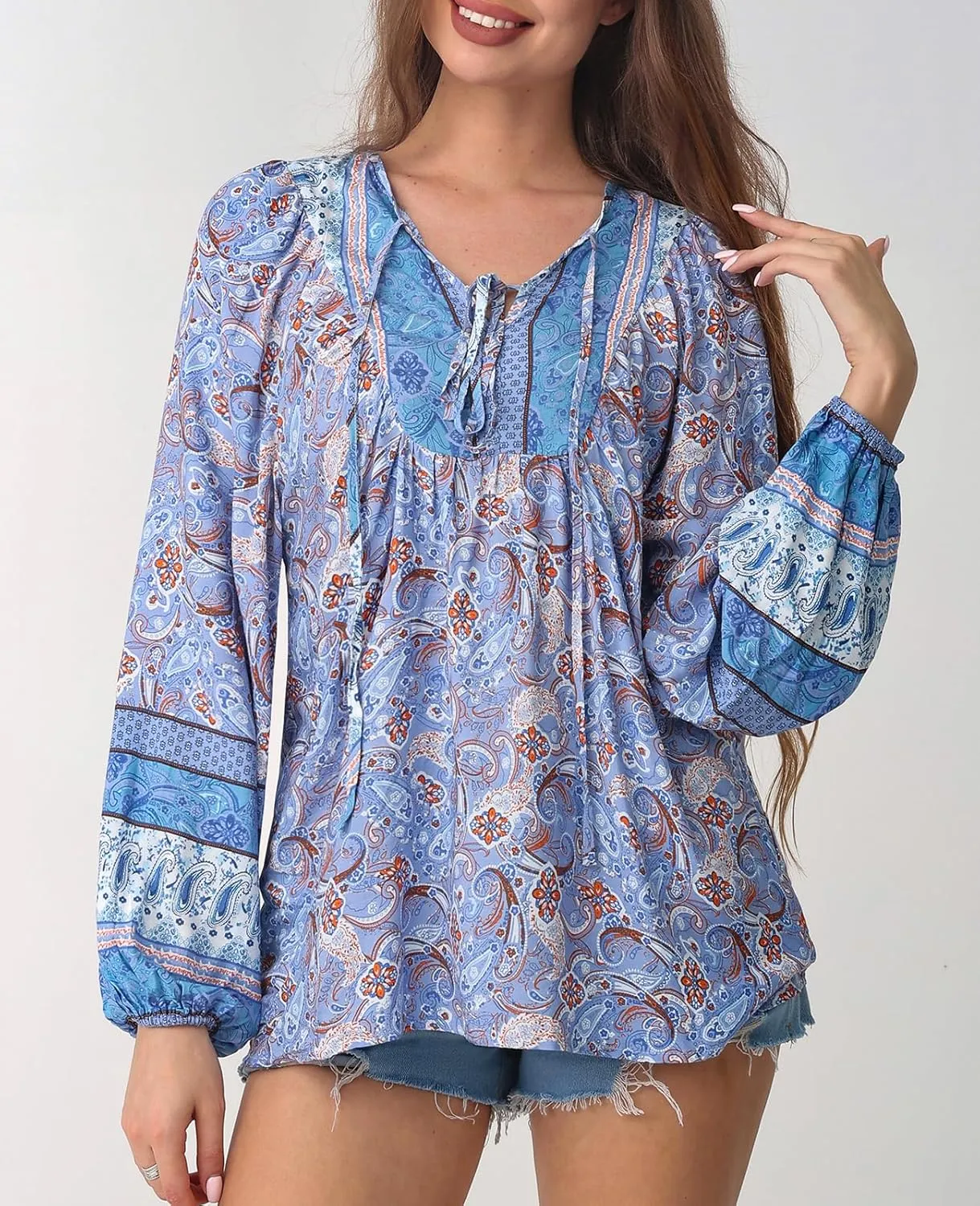 Women's Casual Floral Print V Neck Top Loose Boho Long Sleeve Beach Shirts Blouses