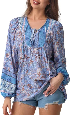 Women's Casual Floral Print V Neck Top Loose Boho Long Sleeve Beach Shirts Blouses