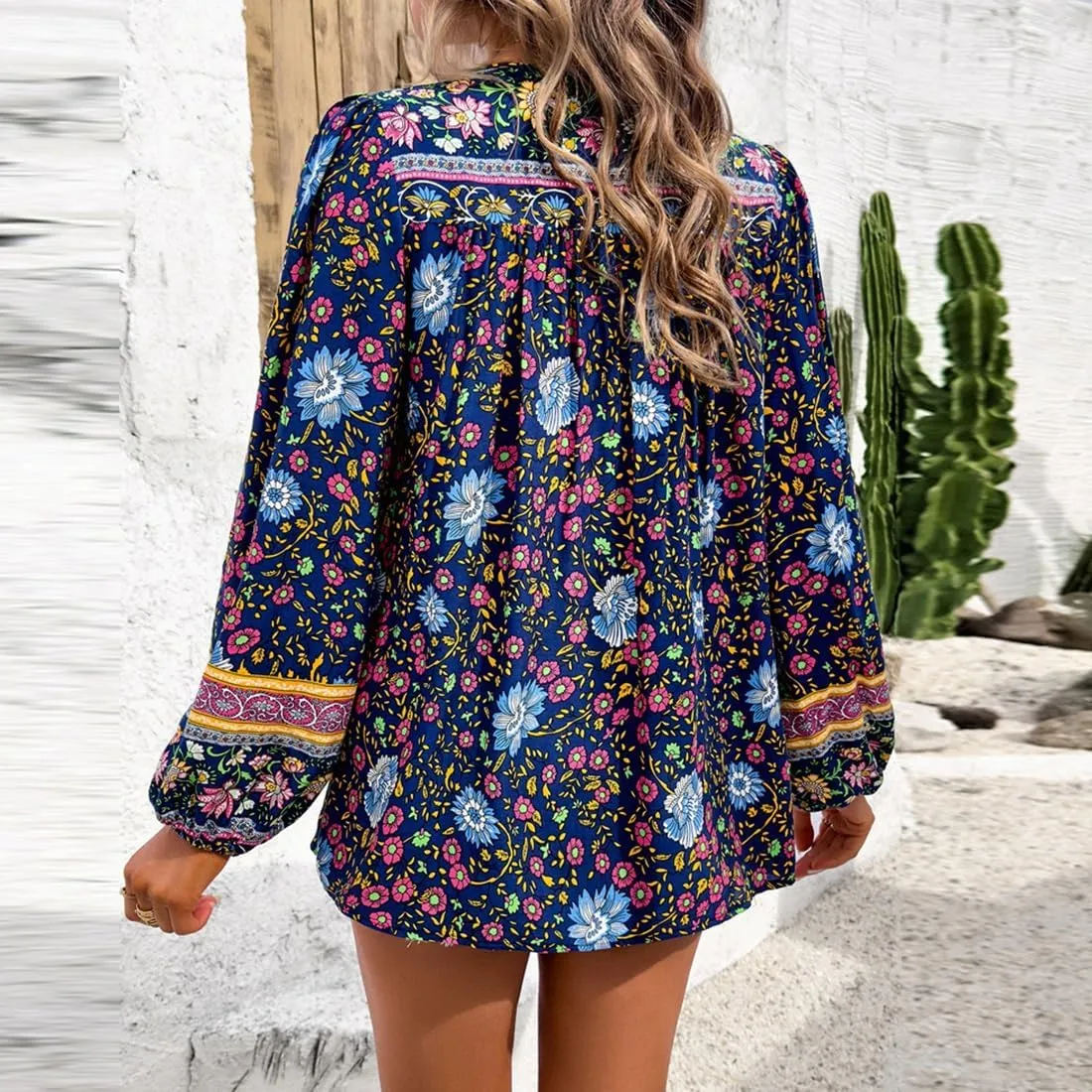 Women's Casual Floral Print V Neck Top Loose Boho Long Sleeve Beach Shirts Blouses