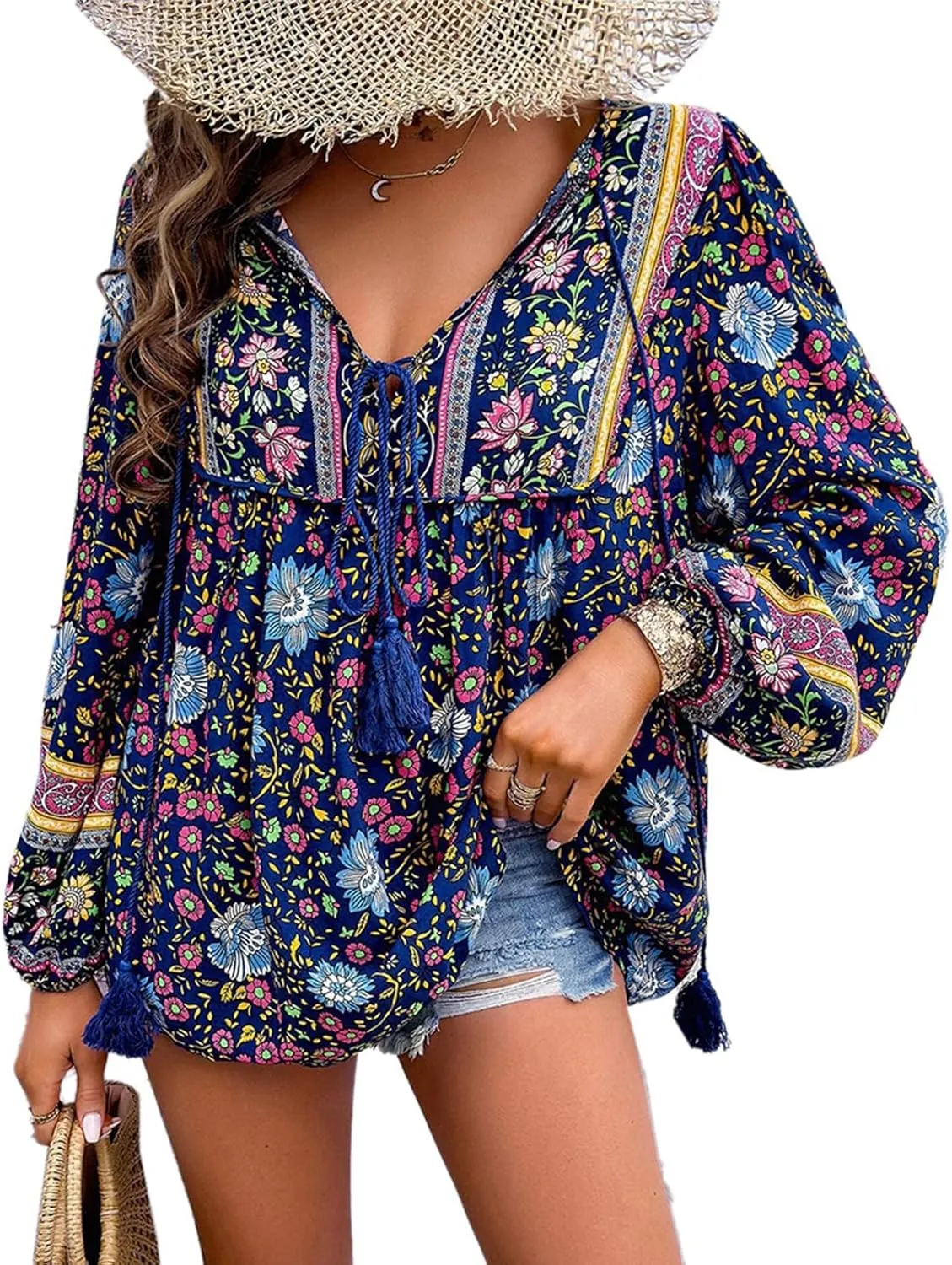 Women's Casual Floral Print V Neck Top Loose Boho Long Sleeve Beach Shirts Blouses