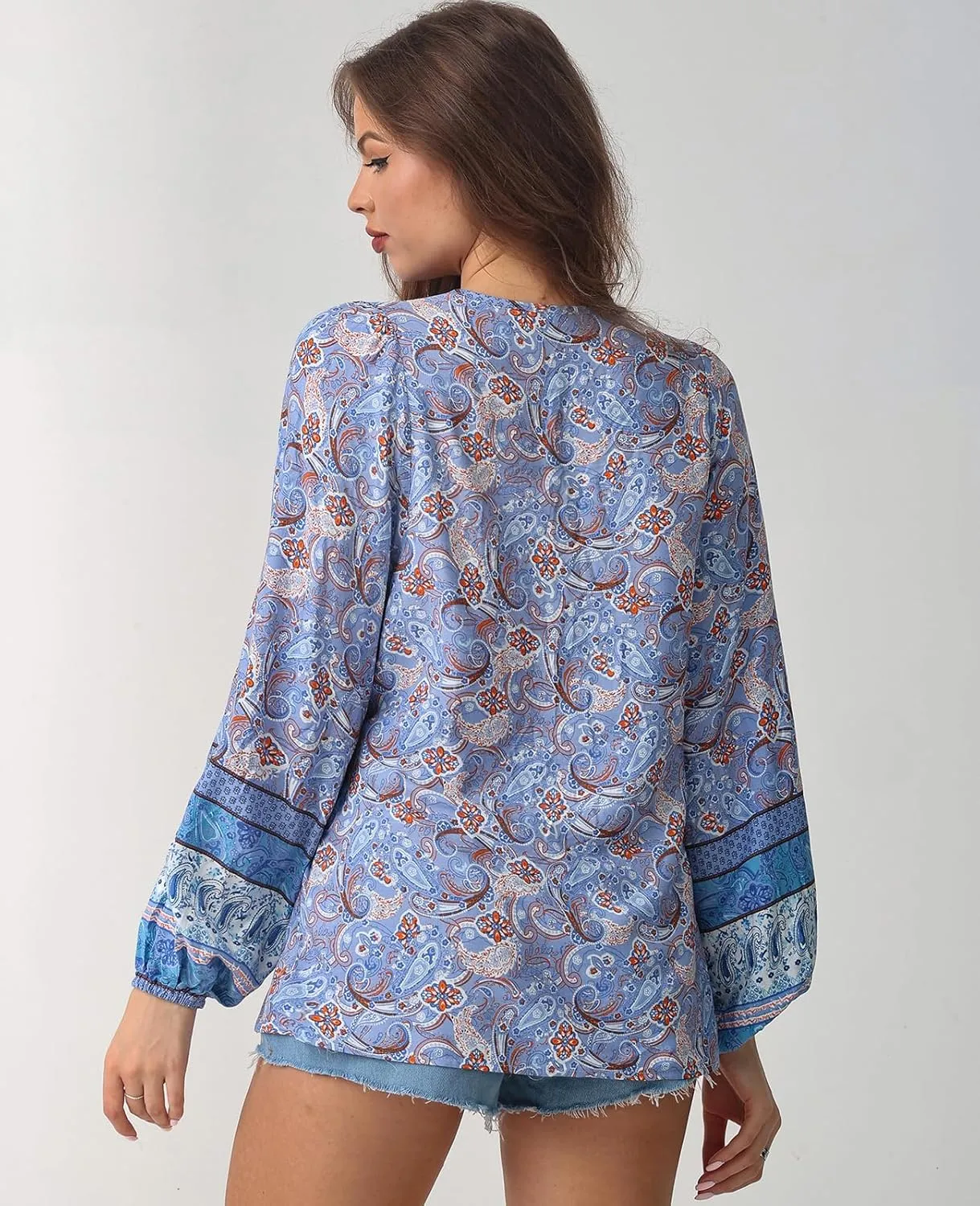 Women's Casual Floral Print V Neck Top Loose Boho Long Sleeve Beach Shirts Blouses
