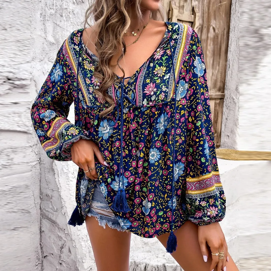 Women's Casual Floral Print V Neck Top Loose Boho Long Sleeve Beach Shirts Blouses