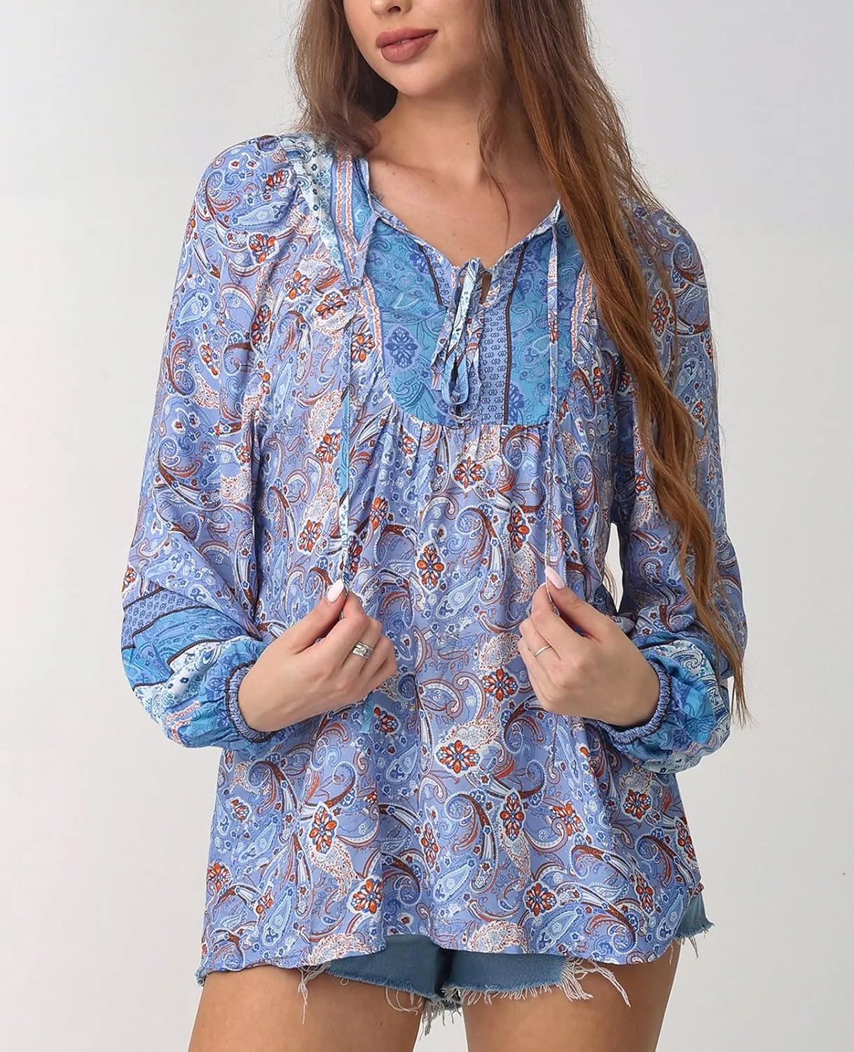 Women's Casual Floral Print V Neck Top Loose Boho Long Sleeve Beach Shirts Blouses
