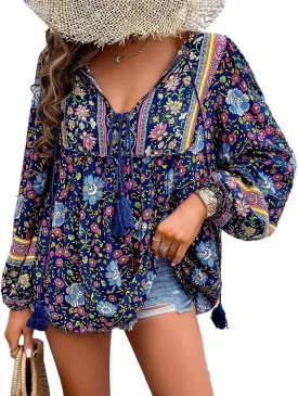 Women's Casual Floral Print V Neck Top Loose Boho Long Sleeve Beach Shirts Blouses