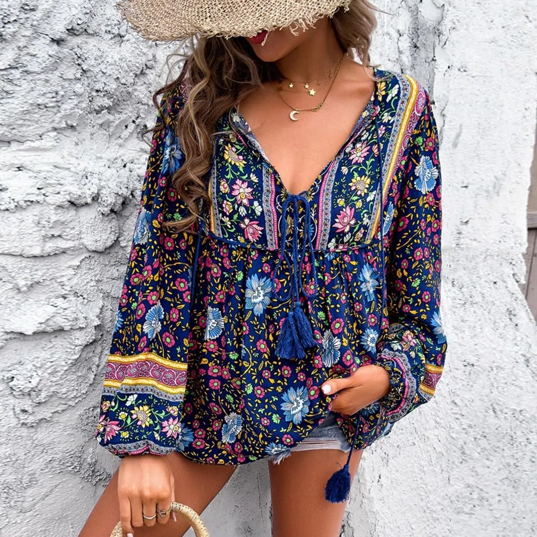Women's Casual Floral Print V Neck Top Loose Boho Long Sleeve Beach Shirts Blouses