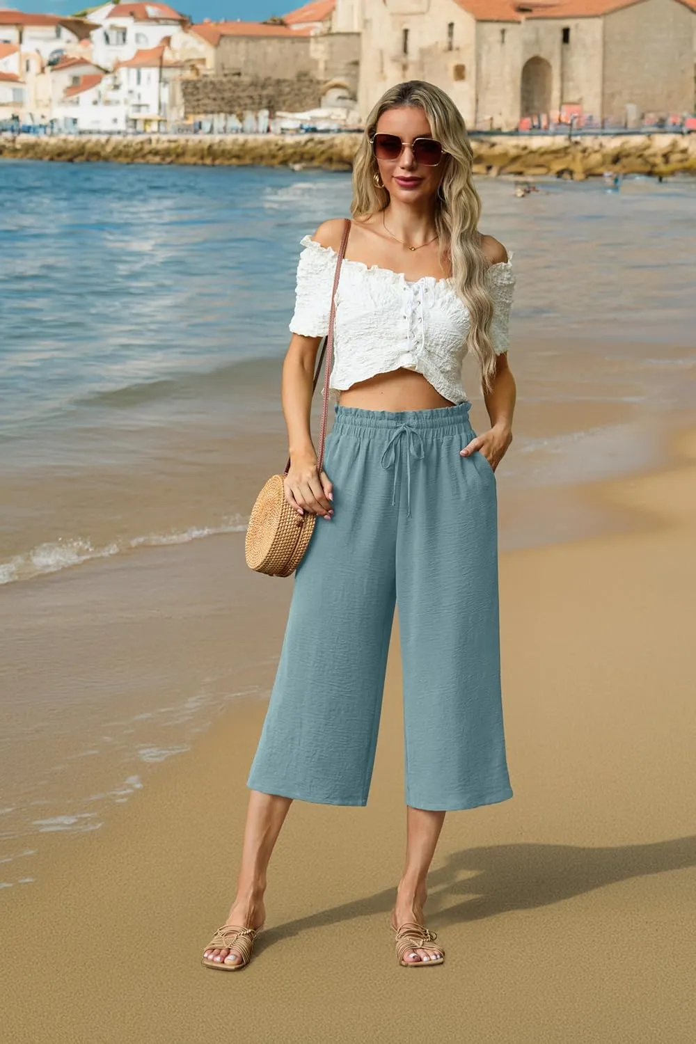 Womens Wide Leg High Waisted with Tie Belt Pockets Summer 2025 Vacation Pants