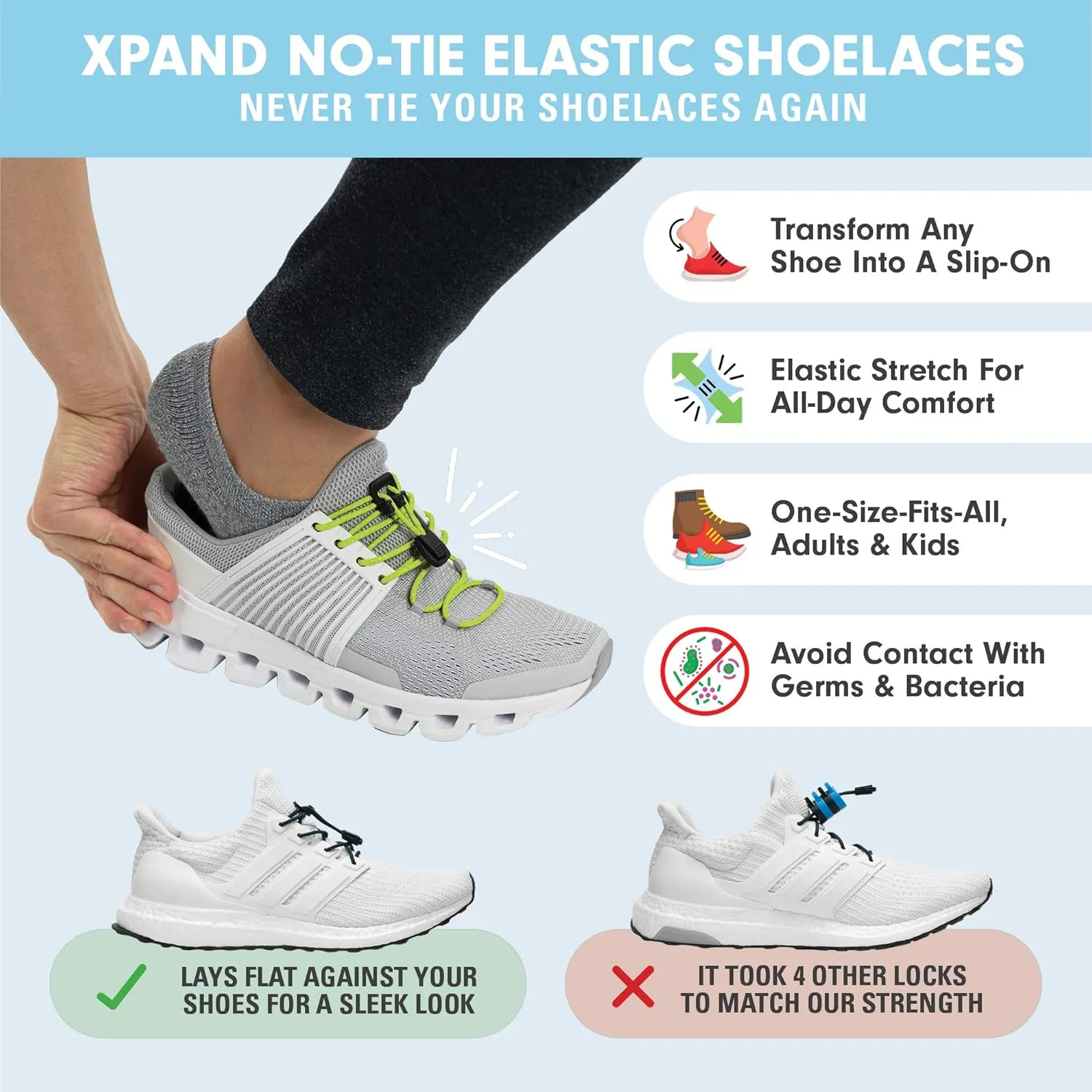 Xpand No Tie Elastic Boot Laces. Hi-Vis Reflective Shoelaces. Ultra Durable for Hiking, Triathletes and Crossfit
